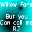 Pixelated cyan background with repeated white text reading "Willow Farn" and "But you Can call me RJ" in a pattern