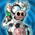Animated cow icon with white and black spots, pink nose, orange mouth, green ear tag, brown horns, and blue background.