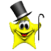 Yellow star-shaped character with black top hat and cane, smiling face showing red mouth and white teeth.