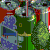 Pixelated static image showing a green structure with yellow accents, blue and purple shapes on the left, red vertical elements, and scattered light-colored pixels against a dark background.