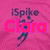 Pink background with 'iSpike Clara' text, a volleyball player silhouette, and a pink heart symbol on sand.