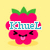 Pixelated pink fruit character with green leafy top, wearing white headband with blue text, smiling with tongue out on yellow background.
