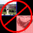 Pixelated image with pink text on black background, red prohibition symbol over two small images, one of a landscape and one of a heart.