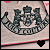 A pixelated circular emblem with dark blue text and symbols on a light background, featuring two heart icons below it that change from black to white.