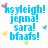 Pixelated blue text reads 'hsyleigh! jenna! san! bfaafs!' with scattered colored pixel clusters on white background.