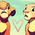 Two cartoon characters face each other with a pink heart outline between them on a light blue background.