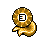 Pixel art icon of a golden, rounded figure with a white square containing black 'E' symbol on its chest against gray background.