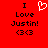 Red background with black text reading "I Love Justin! <3" and a white pixelated heart symbol above the word "Love", displayed in two identical side-by-side
