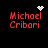 Red pixelated text 'Michael Cribari' on black background with four distinct white animated symbols above the name.