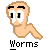 Pixelated character with light brown skin, black eyebrows, and a bent arm pose; text 'Worms' appears below each instance.