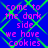 Blue background with green diamond lattice pattern and repeated pink text reading 'come to the dark side we have cookies' in pixelated font.