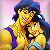 Pixelated cartoon image of two characters embracing, one with blue headwear and dark hair, the other with long black hair, both in yellow outfits against a pink background.