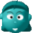 Pixelated teal cartoon head with large white eyes, black pupils, small nose, and closed mouth, set against gray background.