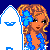 Pixel art buddy icon featuring a cartoon woman in blue bikini holding surfboard with ROXY branding and "surf bum" text on dark blue background.