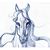 Pixelated blue-toned icon of a horse's head with long flowing mane, ears perked up, and dark eyes against white background.
