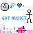 Animated pixel art displays repeating 'GOT MUSIC?' text in multiple colors with stick figures, music notes, hearts, and audio waveforms on white background.