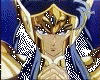 Animated sequence of a character in golden armor with blue cape performing hand gestures and emitting light effects.