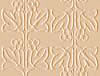 A static image of a symmetrical botanical pattern with interwoven leaf and stem motifs in light beige tones on a pale background.