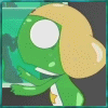 Green cartoon character with large white eye and light brown hair, wearing green shirt with yellow star on chest, positioned against dark background with blue-green gradient elements.