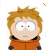 Pixelated cartoon character with spiky blonde hair and orange hoodie, static expression
