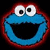 Pixelated Cookie Monster face with blue skin, red outline, and white eyes on black background; adjacent shows "Cookie Monster" text over blue striped pattern