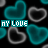 Animated contact sheet of a repeating pattern featuring teal hearts and gray outlines with "MY LOVE" text on black background.