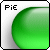 Green gradient sphere with pixelated text 'PiE' on white background, framed by black border.