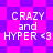 Pixelated text 'CRAZY and HYPER <3' on a purple and pink checkered background with diamond-shaped patterns.
