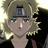 Pixelated anime-style character with blonde hair and blue eyes wearing a dark jacket over red clothing, headband with symbol.
