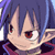 Pixelated anime-style character face with blue hair, red eyes, and a neutral expression on a dark background.