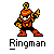 Pixel art character in red and yellow armor with black accents, standing in a dynamic pose with one arm raised, below which is stylized text reading 'Ringman'.