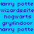 Blue background with repeated text in dark blue and black blocks, featuring 'harry potte', 'wizardssite', 'hogwarts', and 'gryfindoor' in pixelated font.