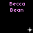 Pixelated text 'Becca Bean' in pink appears on a black background with white star-like shapes scattered across the frame.