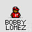 Pixelated character in red uniform with white stripes and red cap appears in with changing speech bubbles and symbols above text reading BOBBY LOMEZ