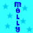 Blue pixelated text 'molly molly' vertically aligned on a light blue starry background with no visible animation changes.