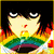 Anime-style character with black hair and closed eyes holding a rainbow-colored object against a yellow background.