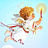 Pixelated cartoon angel with brown hair, white robe, and wings holding a glowing torch against light blue background.
