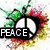 A static image with four quadrants: top-left shows a peace symbol surrounded by colorful splatters, top-right displays 'LOVE' text over multicolored dots, bottom-left features a yellow smiley face with 'HAPPINESS' partially visible, and the bottom-right is gray.