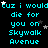 Pixelated cyan text repeats 'cuz i would die for you on Skywalk Avenue' across a black background with scattered white and gray stars.