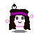 Pixel art avatar with long brown hair, purple headband, and small white-and-brown top accessory, smiling with pink square accents on gray background.