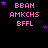 Pixelated text and purple stars on black background with gray rectangle in bottom-right corner.
