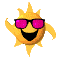 Yellow sun-shaped character with pink sunglasses and black mouth, shown in multiple poses against gray background.