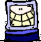 Animated contact sheet showing three frames of a cartoon character with yellow teeth, blue base, and red eyes in various states.