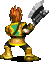 Pixelated character with orange hair and green-yellow armor holds a large silver-and-black weapon in three sequential poses against gray background.