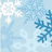 Pixelated winter scene with blue and white snowflakes on light blue background, some larger central snowflakes in darker blue.