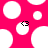 A bright pink background with white circles of varying sizes, two small black pixelated shapes resembling eyes on separate circles.