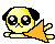 Pixel art animation of a yellow cartoon dog with black ears and large eyes, shown in two frames lying on an orange triangle against gray background.
