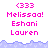 Pixelated text displays '<333', 'Melissa!', 'Eshani', and 'Lauren' in pink on white with a purple wave border; the rightmost is partially cropped