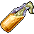Pixelated bottle with golden liquid, purple cap, and greenish contents, angled on gray background.