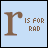 A 4-frame animated contact sheet showing a pixelated brown letter R with the text "IS FOR" followed by changing letters on a light blue background.